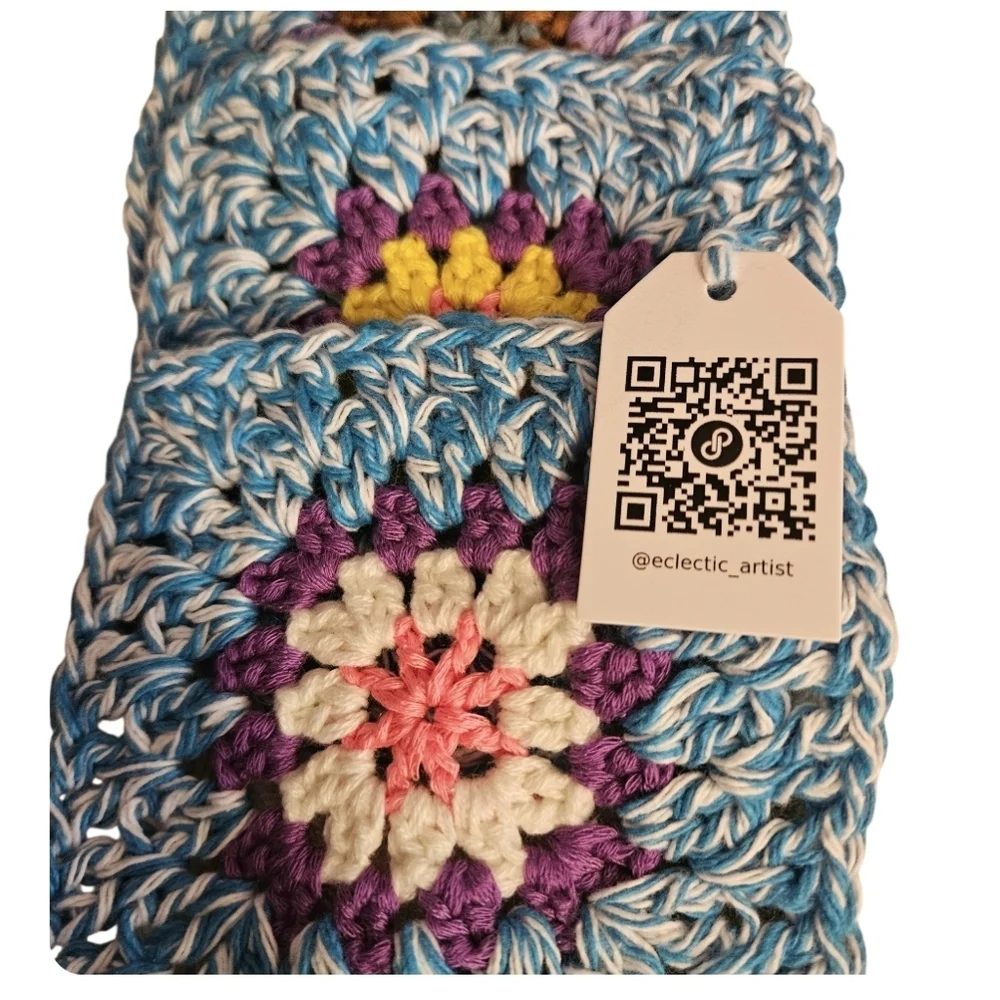 Handmade Turquoise Marl Crochet Granny Square 4-pc Coasters Set 100% Cotton